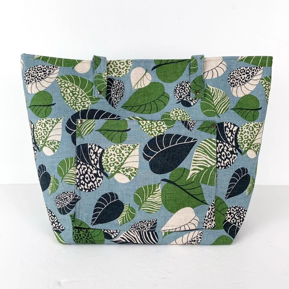 Canvas leaf tote bag large handmade tote blue with green, white & black leaves